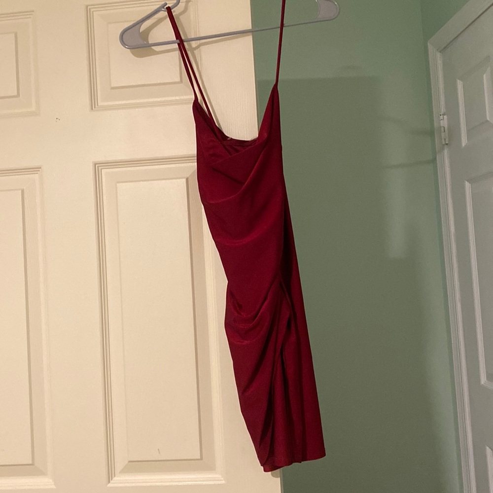 Red mini dress by Windsor, cowl neckline, asymmetrical skirt, only worn once